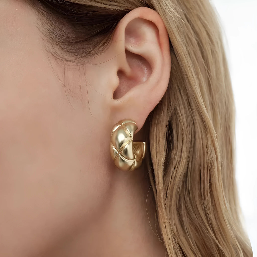 Gold plated copper stud earrings with geometric diamond lattice design, 24mm diameter, for women