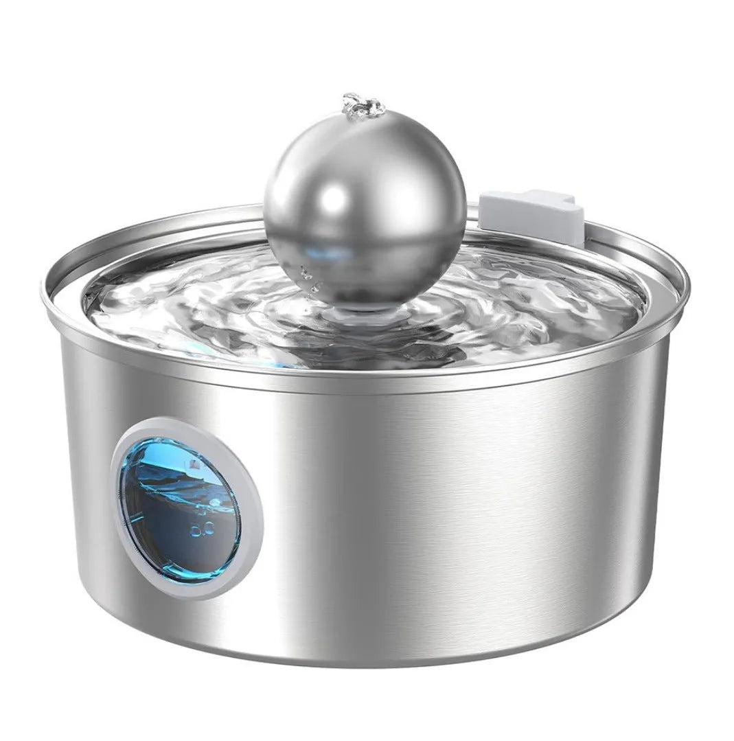 Stainless steel round pet water dispenser with large reservoir and selectable faucet attachment
