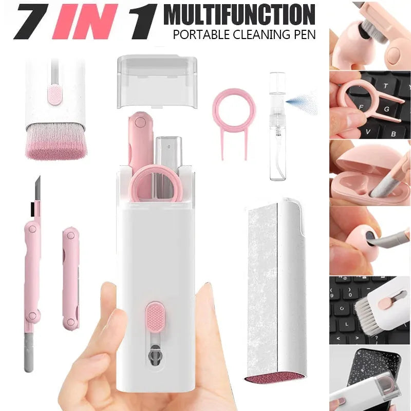 Multifunctional cleaning pen set with keycap puller, brush, spray bottle, and cloth for electronics