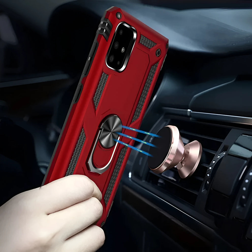 Drop-resistant bracket magnetic phone case for Samsung A03S in black, showing TPU PC metal back cover with built-in bracket