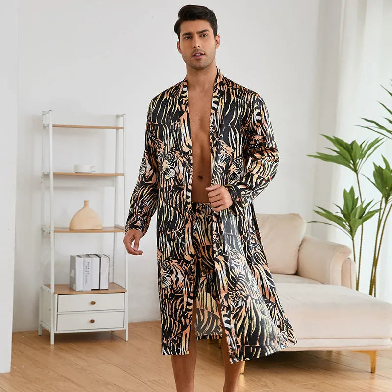 Men's tiger pattern rayon bathrobe set with long sleeve robe and matching shorts