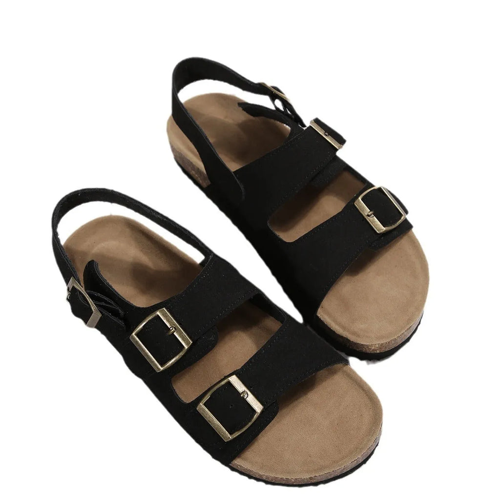 Women's cork beach sandals in beige with open toe and ankle buckle