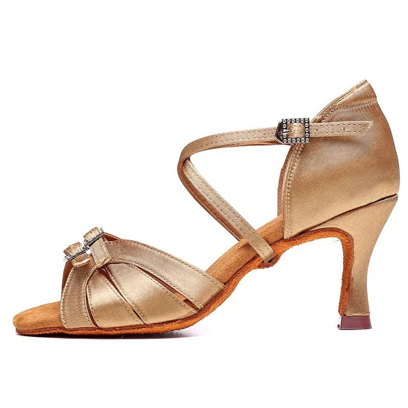 Women's Latin dance high heel shoes with real silk upper in skin colour, 5.5cm heel