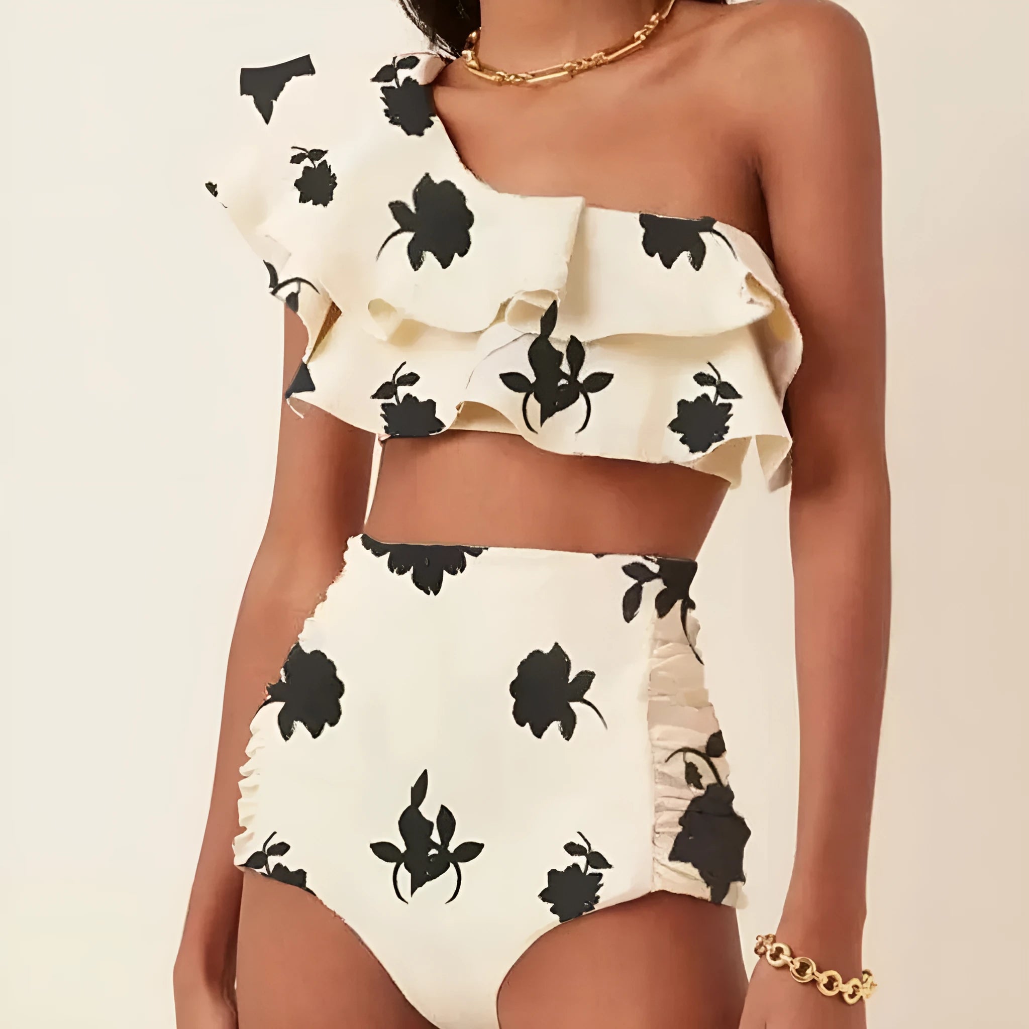 Women's printed oblique shoulder ruffle bikini suit in polyester with high-waisted briefs