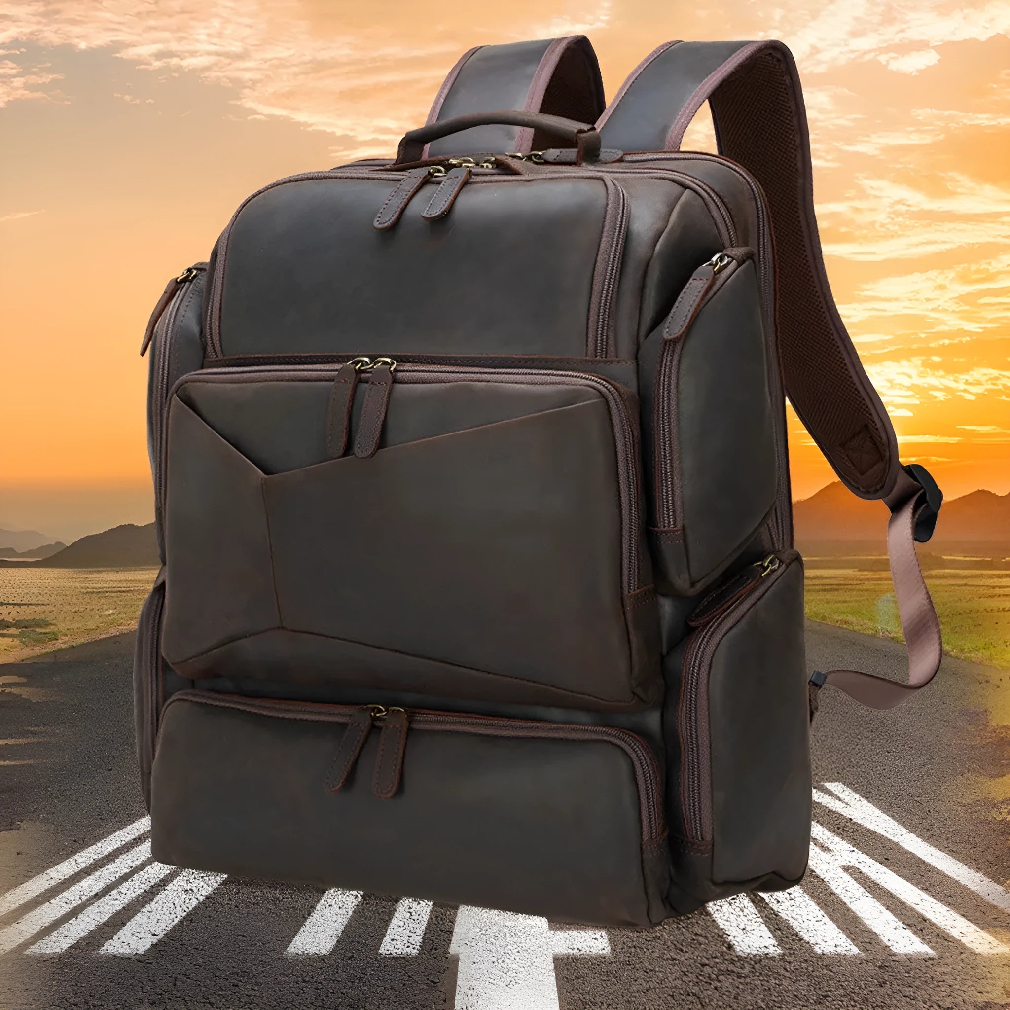 Dark brown retro leather backpack for a 17-inch laptop with double shoulder straps.