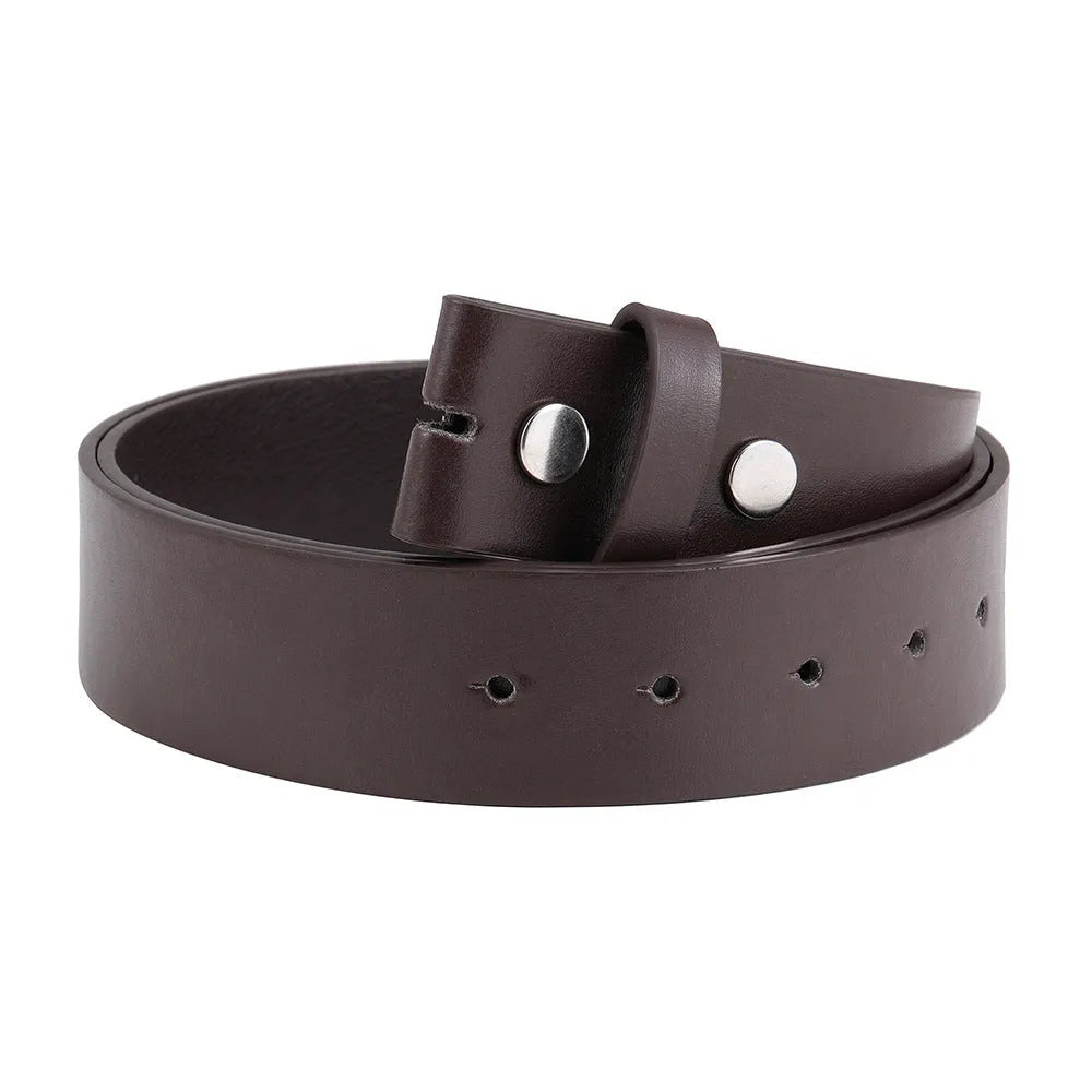 Fashion buttonless head eyelet men's belt in Black PU leather with patent leather treatment, shown flat on surface