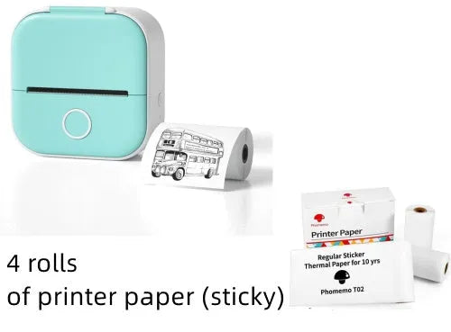 Portable mini thermal label printer in white with Bluetooth, inkless printing, compact 87mm x 90mm x 40mm