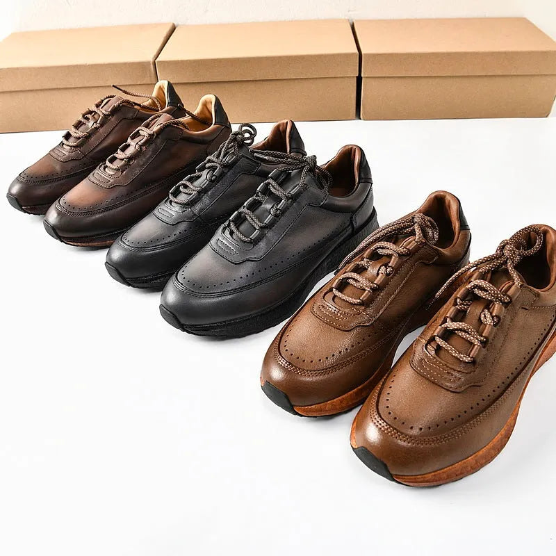 Men's first layer cowhide retro sports casual shoes, lace-up, rubber sole, Brown Coffee Grey, sizes 39-45.
