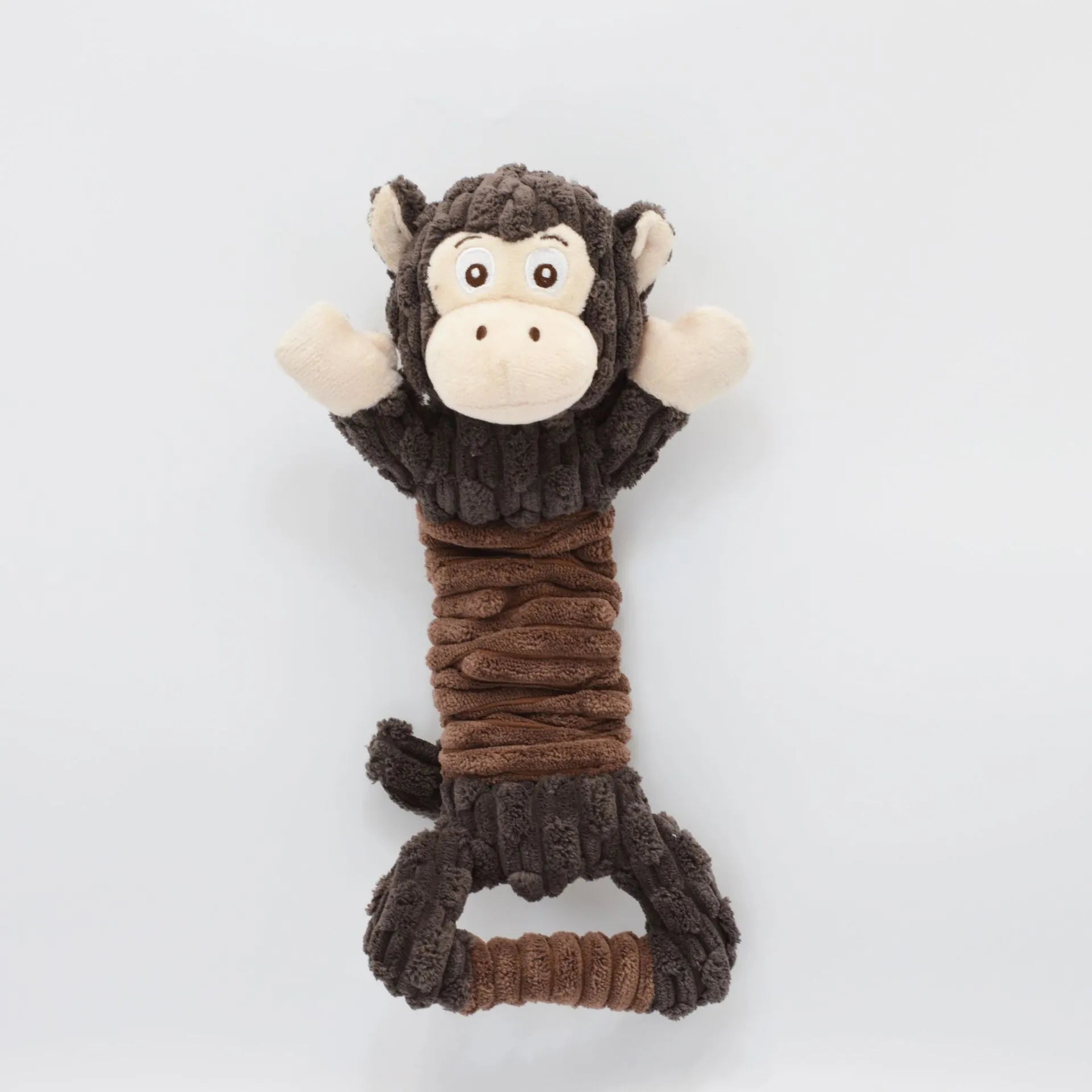 Large plush dog toy with tug handle in hippo or monkey design for interactive play