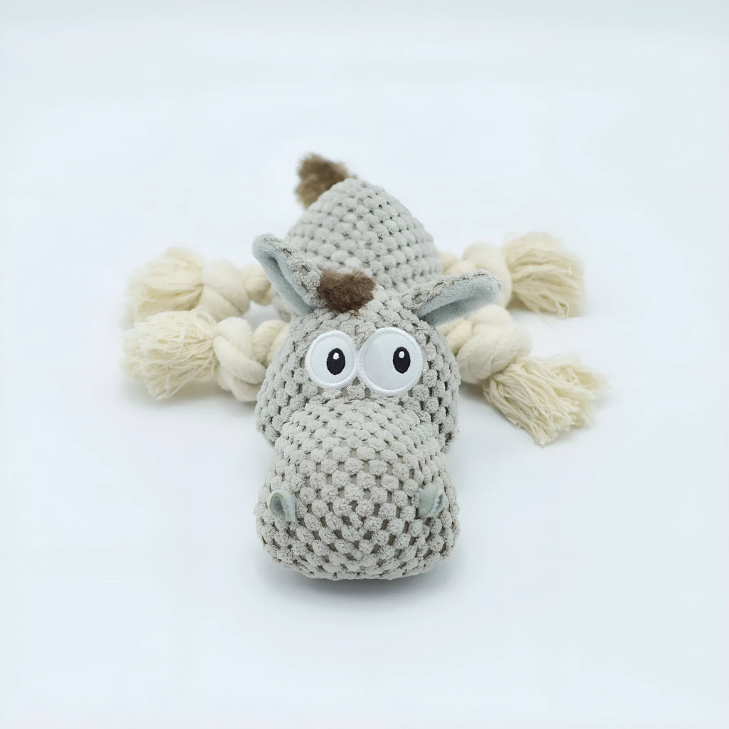 Grey cloth velvet donkey plush dog toy with creaking sound mechanism measuring 27x20x9.5cm