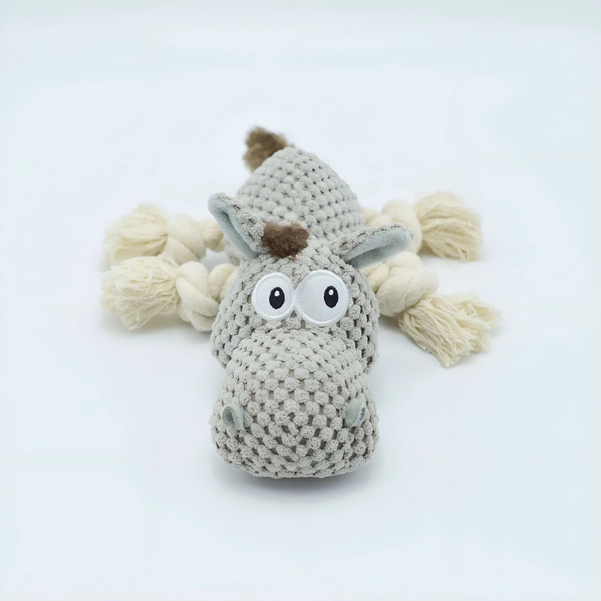 Grey cloth velvet donkey plush dog toy with creaking sound mechanism measuring 27x20x9.5cm