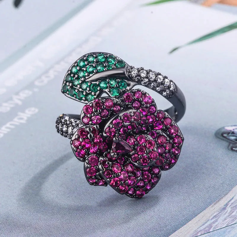 Geometric black gold ring with simulated red corundum stone, women's personality jewellery