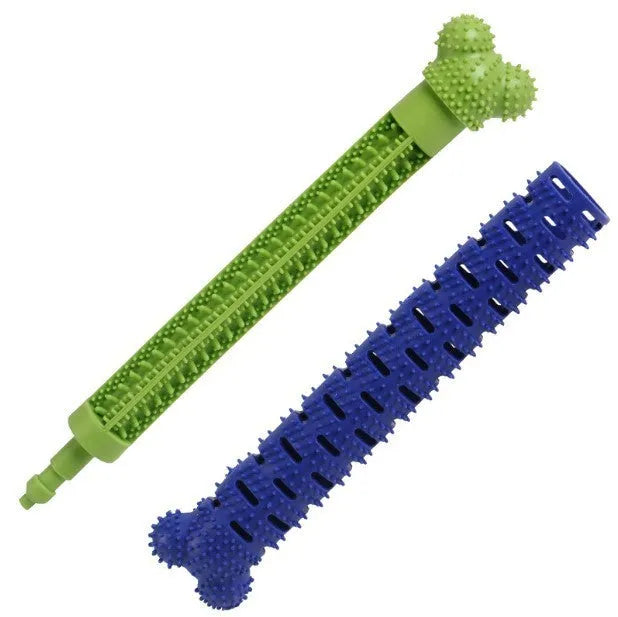 Blue silicone dog dental cleaner stick with serrated brush head and massage nodules, 25cm length