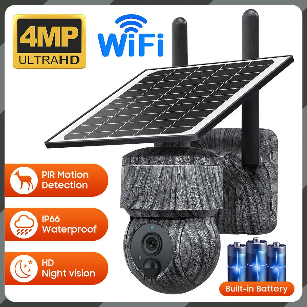Outdoor camouflage solar surveillance camera with 4G cellular connectivity and night vision in a garden setting