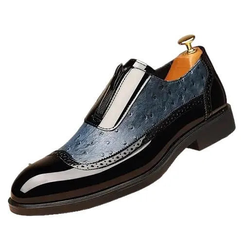 Men's ostrich grain embossed Chelsea boots, pointed toe, space leather, rubber sole, low top, black, blue, light brown, size 39 to 47