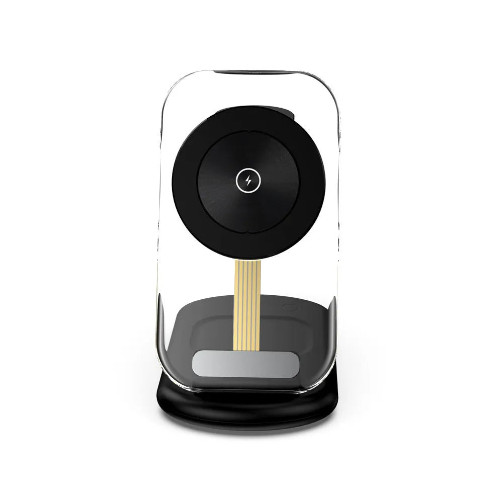 Transparent folding magnetic three-in-one wireless charger in black, showing fast charge QC3.0 and 18W output details.