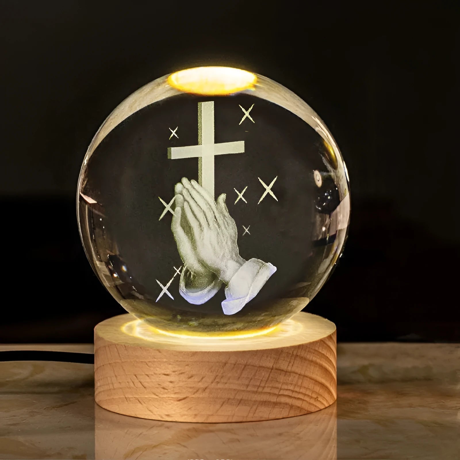6cm white crystal ball ornament with warm light base showing purity symbols