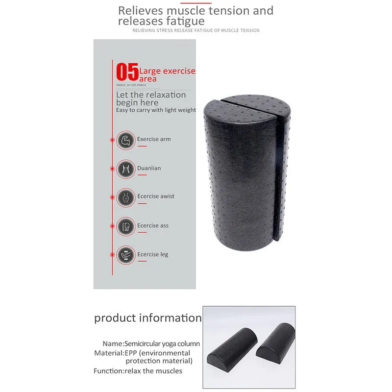 Black semi-circular EPP foam yoga roller 30cm on floor for muscle massage and stretching