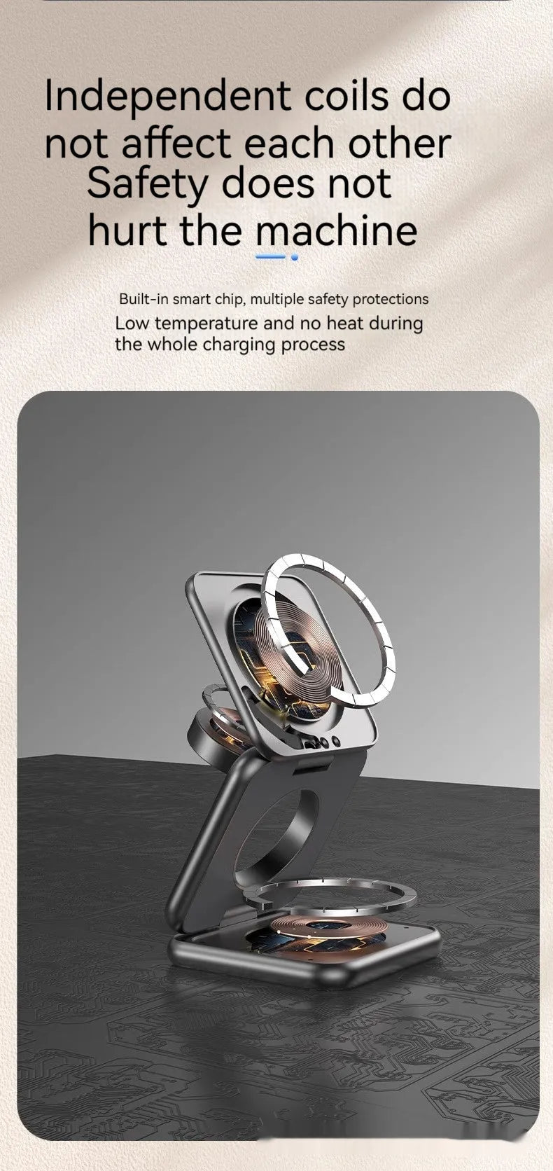 White foldable magnetic wireless charger and phone holder on a desk