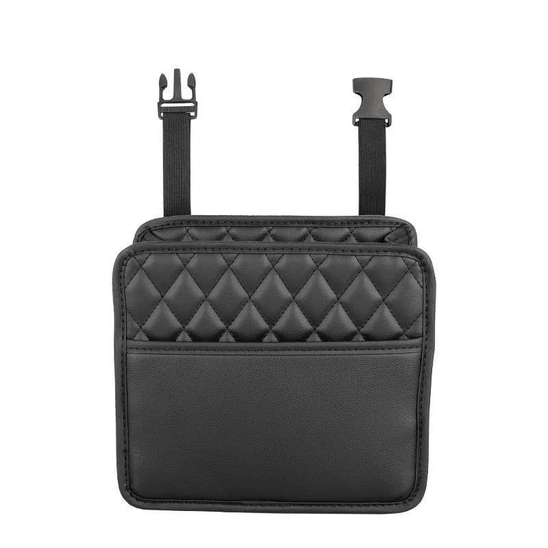 Black leather car interior hanging storage bag with straps measuring 25cm