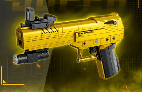 Golden Sand Eagle Gun M416 rifle model built from small particle plastic building blocks, colour box packaging