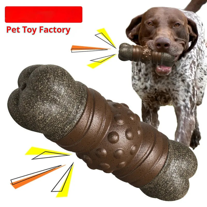 Wood coloured plastic sounding bone dog toothbrush toy with molar rod design.