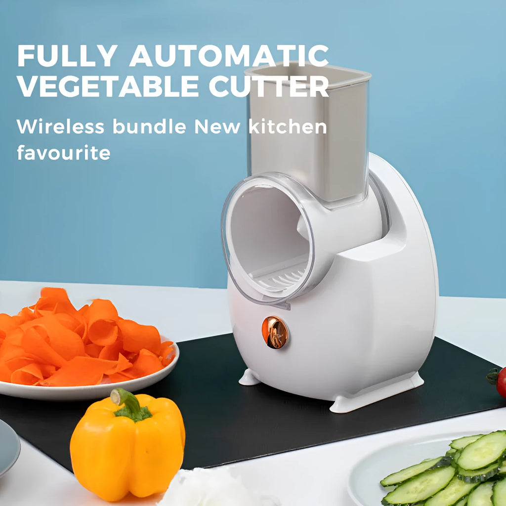 White electric vegetable slicer with multiple blades on suction base for kitchen use