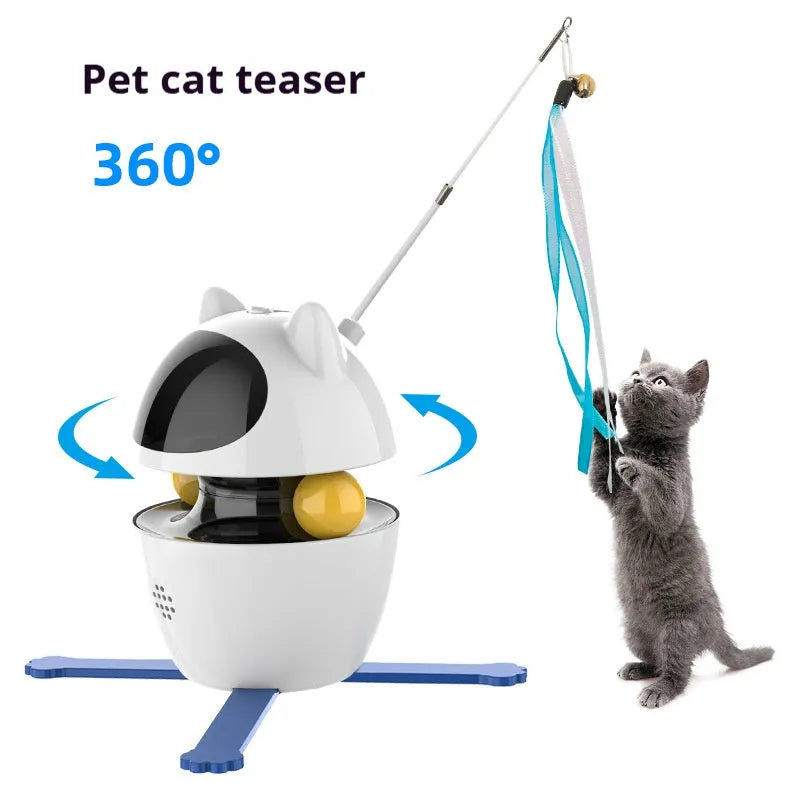 White electronic interactive cat toy with elastic rope attachment on flat surface