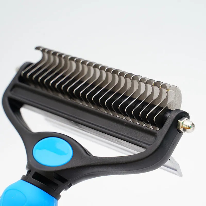 Two-in-one pet hair unknotting comb with dense and sparse teeth in black, blue, and pink - small and large sizes