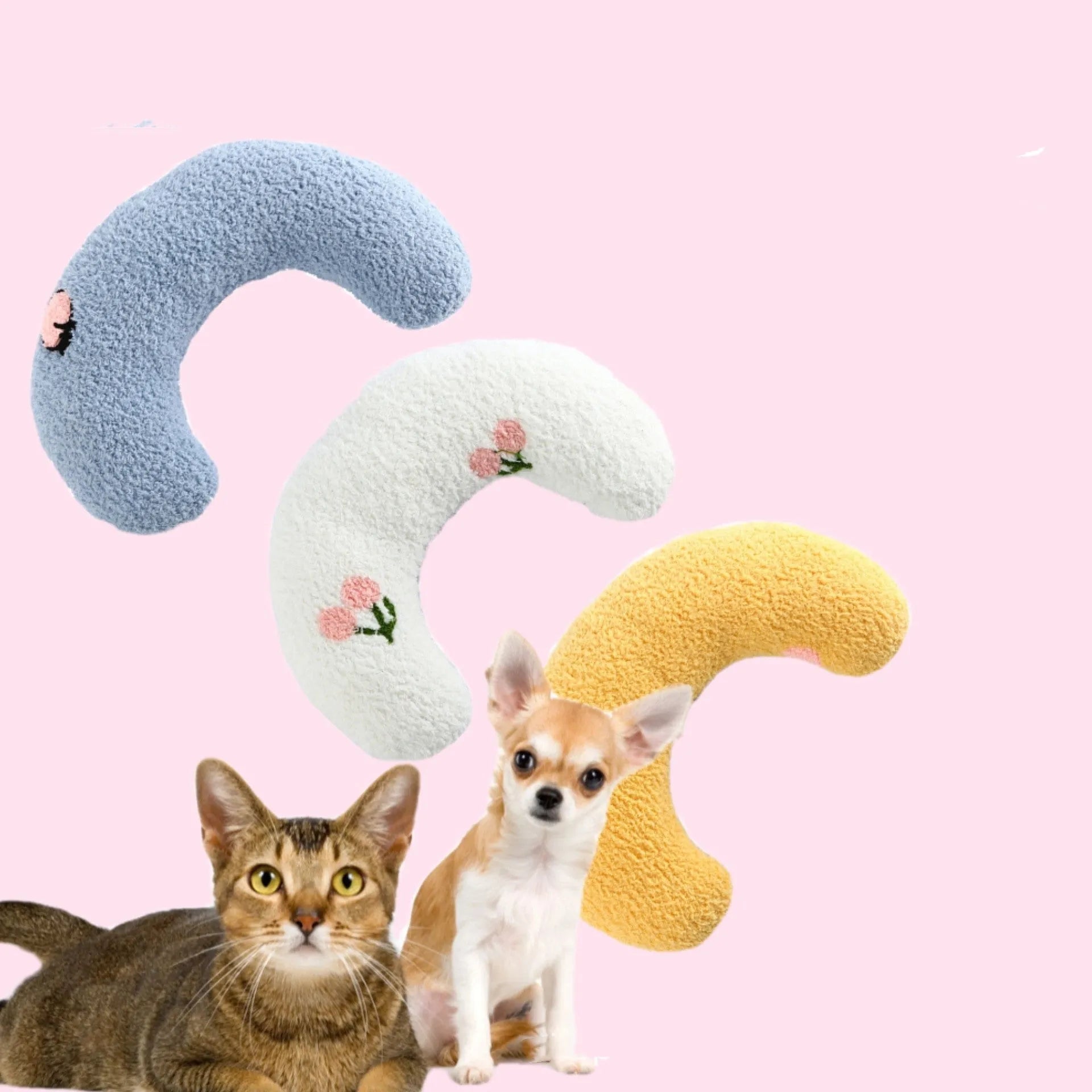 Small U-shaped plush pet pillow in blue for a cat or small dog to sleep on.