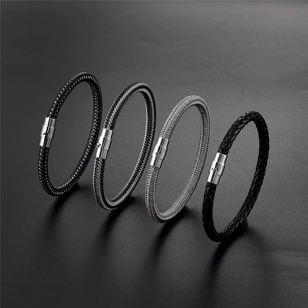 Titanium steel geometric wire bracelet with a magnet clasp shown in one of four colour options.