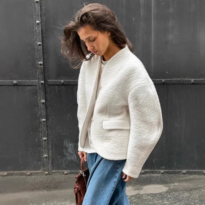 Women's thick woolen coat solid white with raglan sleeves loose fit commuting style 100% polyester