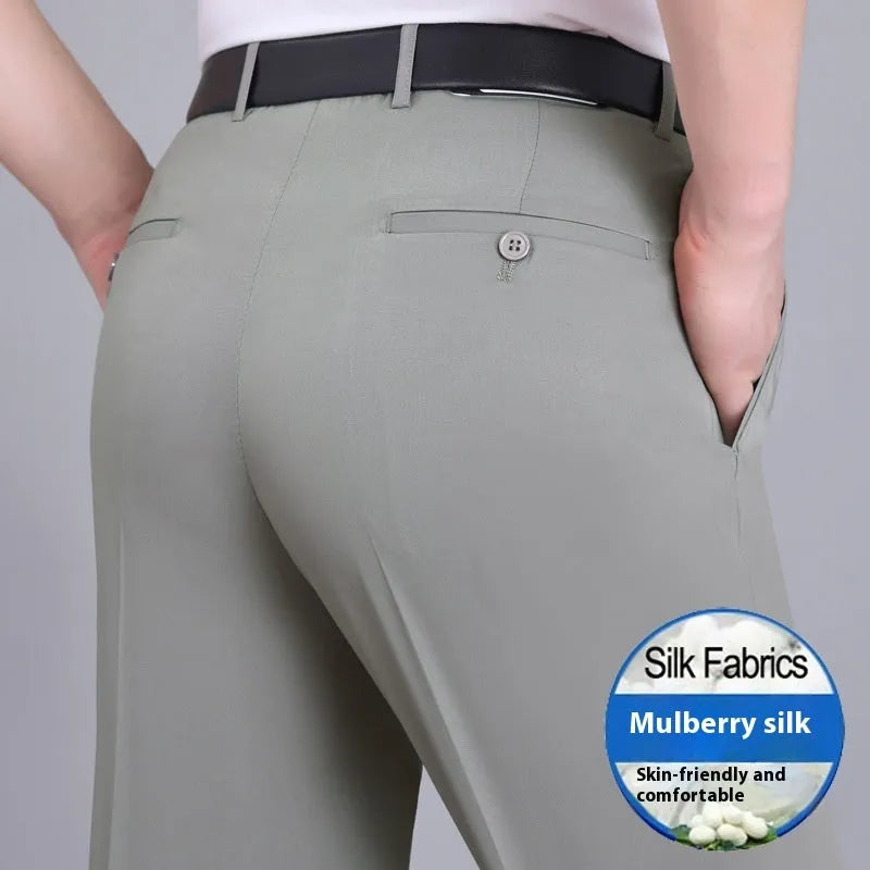 Men's mulberry silk blend straight-leg business trousers with high waist in dark blue colour