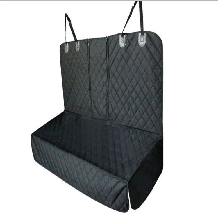 Black pet car seat cover made from 600D Oxford cloth with thick cushion and non-slip net on a rear car seat