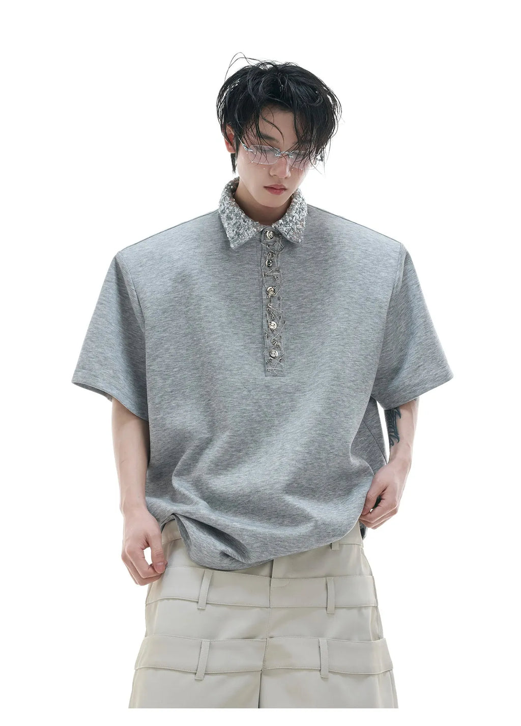 Loose fit black sequined square neck short sleeve shirt with metal decoration detail