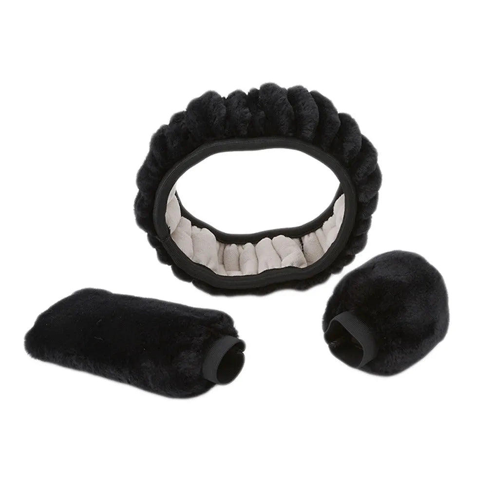 Plush car steering wheel cover set with matching handle sleeves and gear shift knob cover in beige colour