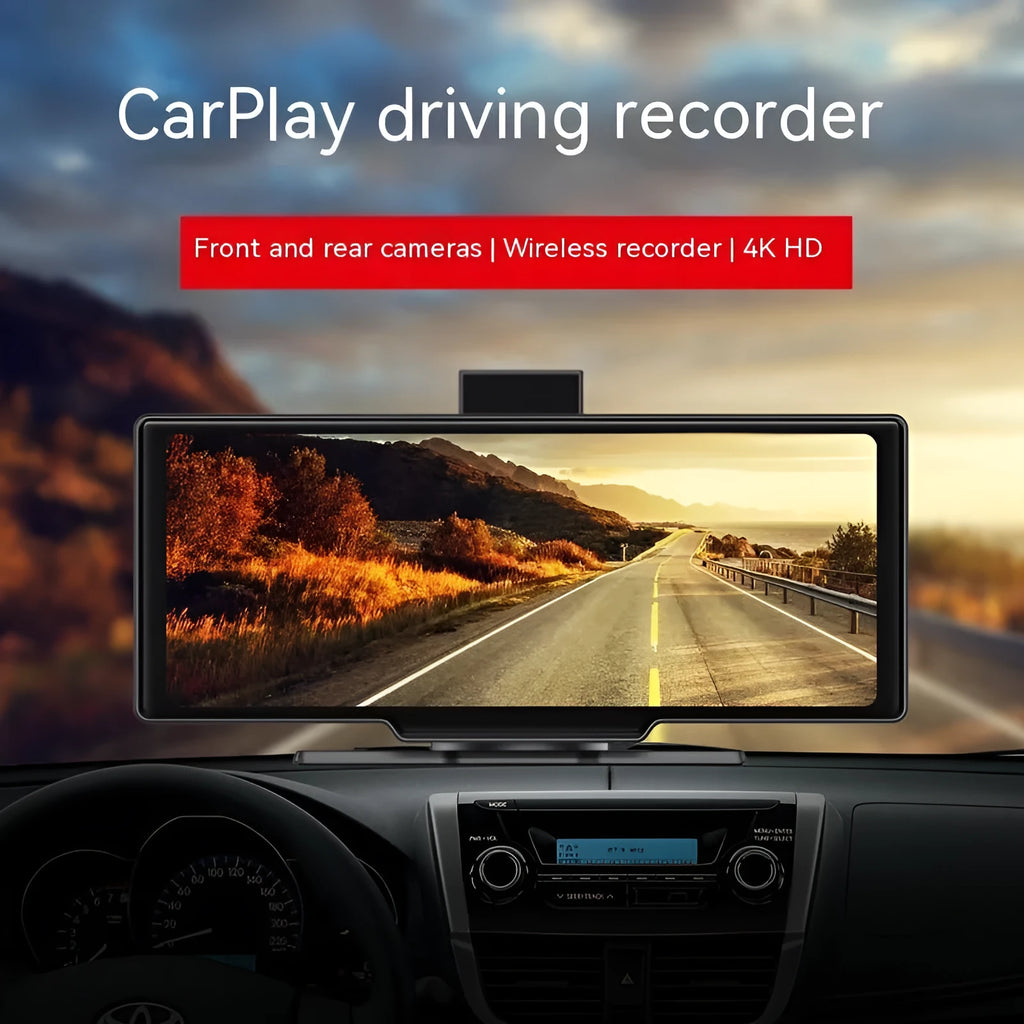 10.26-inch wireless CarPlay car recorder with capacitive touch screen in black plastic housing