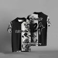 Black loose fit t-shirt with 3D digital print design showing short sleeves and relaxed silhouette
