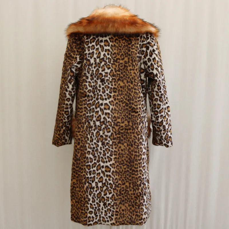 Women's long leopard print artificial fur jacket with regular sleeves on a hanger.