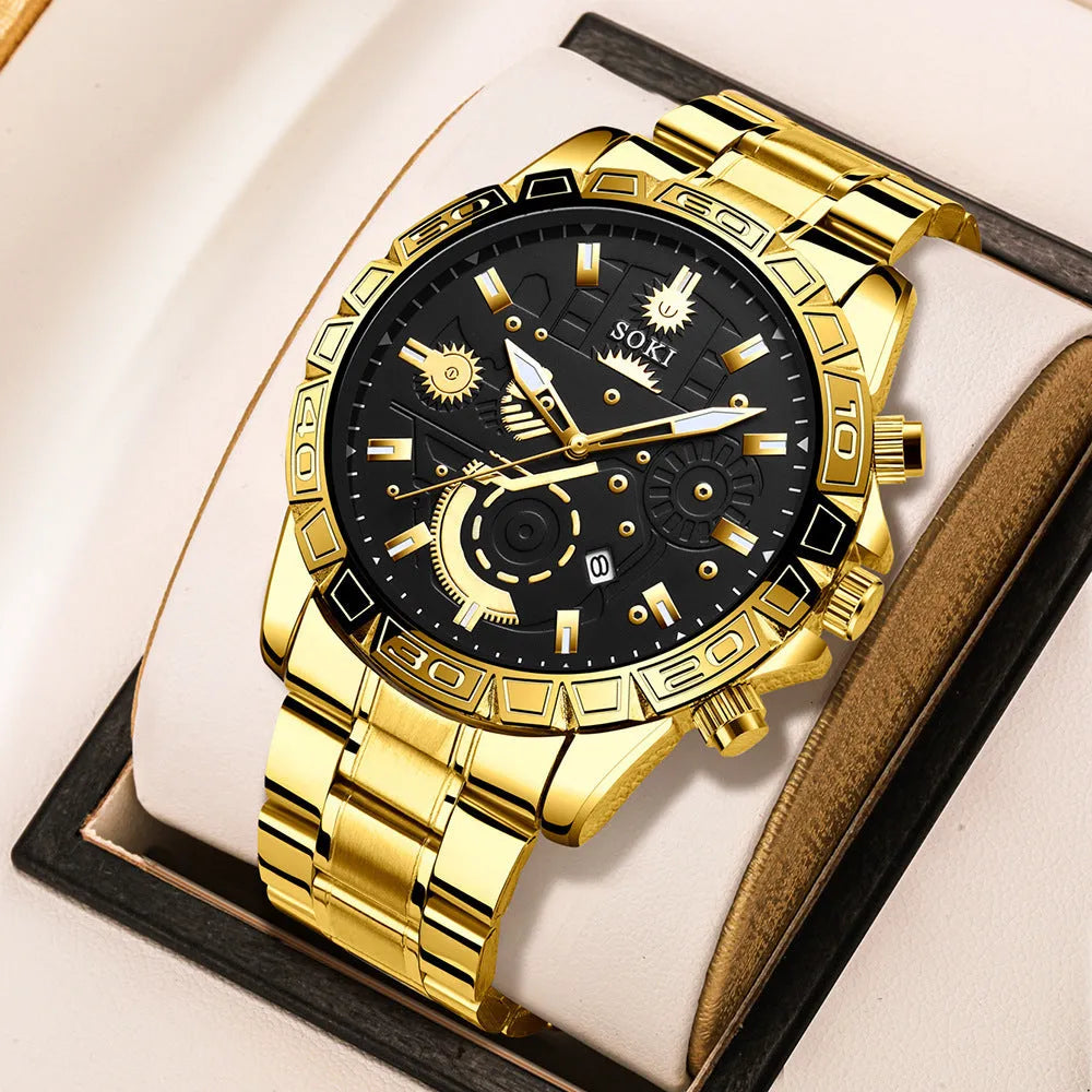 Men's gold-coloured stainless steel business quartz watch showing date window on dial.