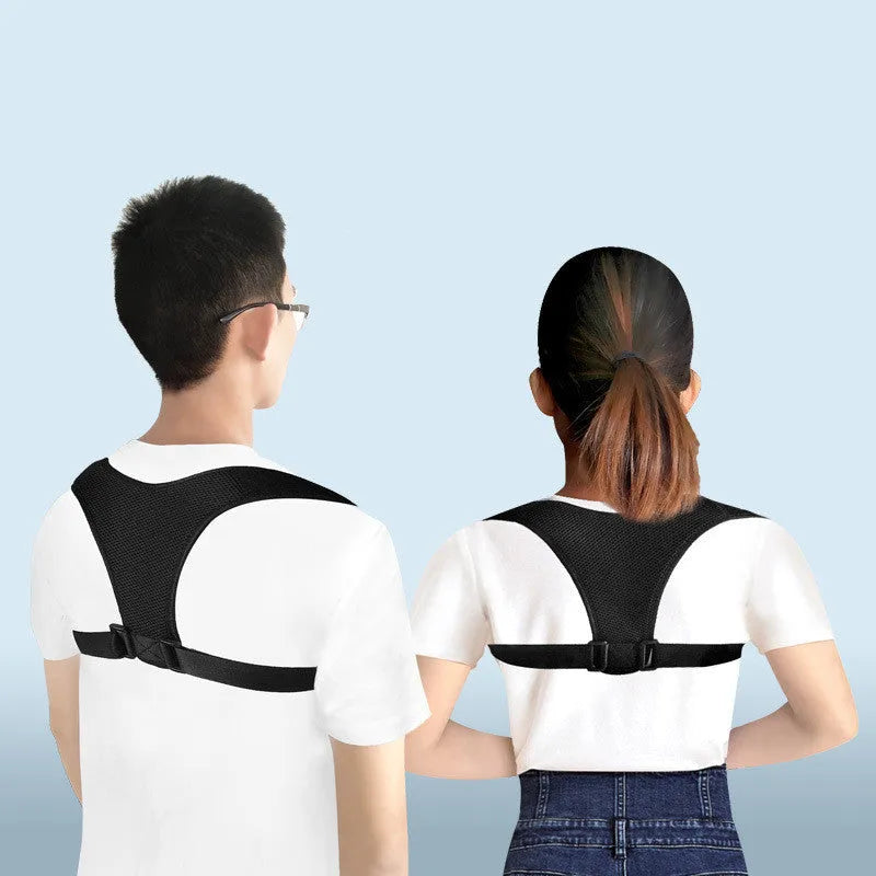 Black non-woven posture correction belt on a light background showing adjustable straps and size options S to XL