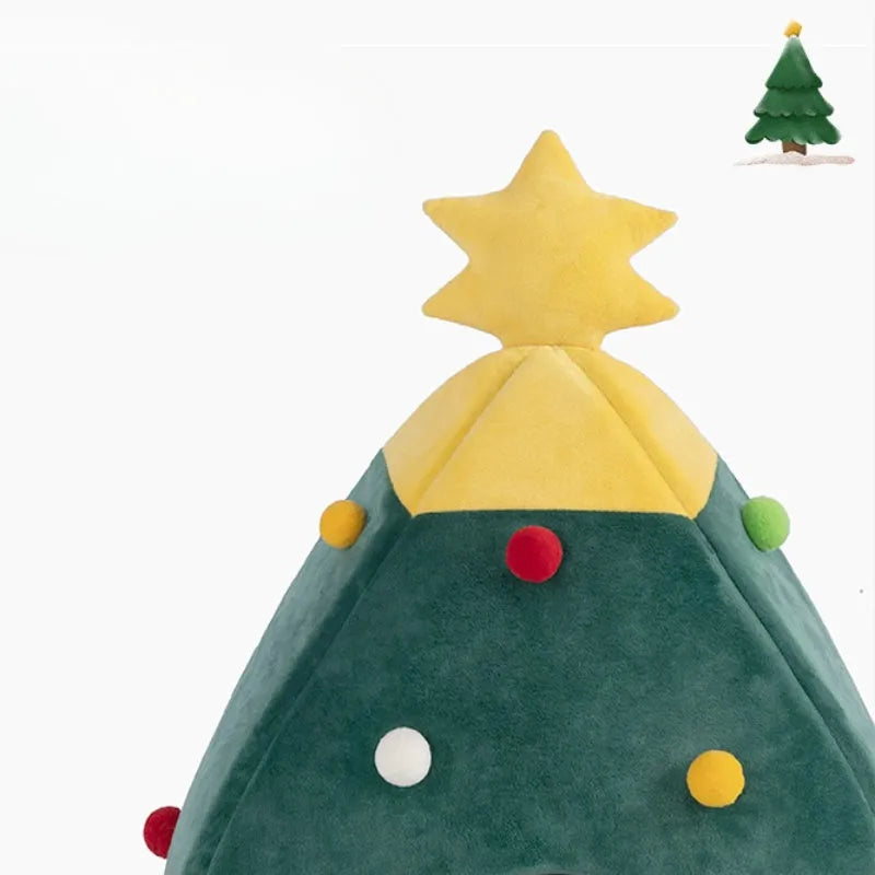 Christmas tree-shaped plush pet cave bed for cats and small dogs with detachable cover
