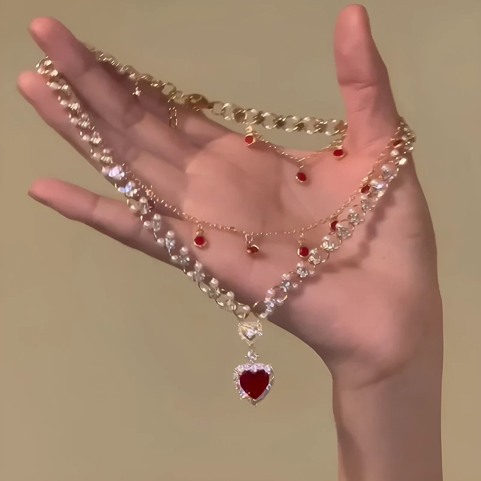 Red love heart double layer twin necklace on a regular chain, adjustable from 41cm to 50cm.
