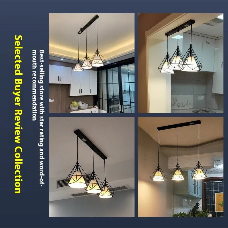Modern three-head iron chandelier ceiling lamp for dining room or restaurant use with white light option