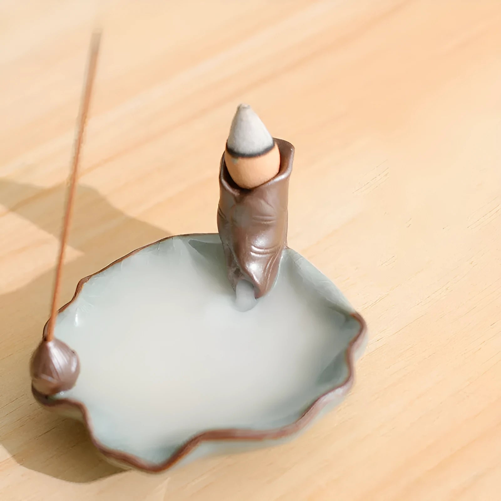 Ceramic reverse flow incense burner with Chinese purple clay crafts design and square base
