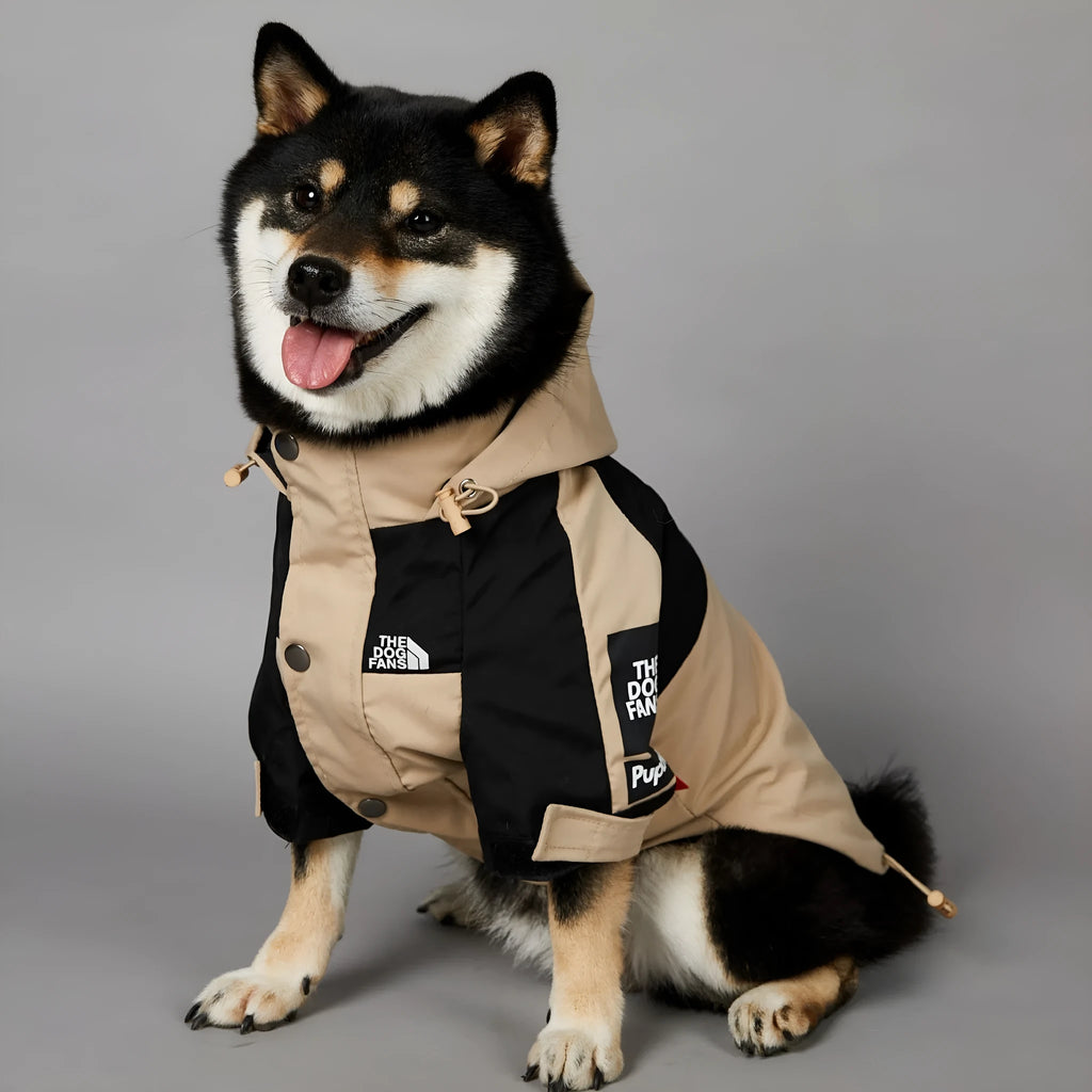 Khaki polyester dog shell jacket shown on a dog, available in sizes S through 5XL