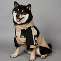 Khaki polyester dog shell jacket shown on a dog, available in sizes S through 5XL