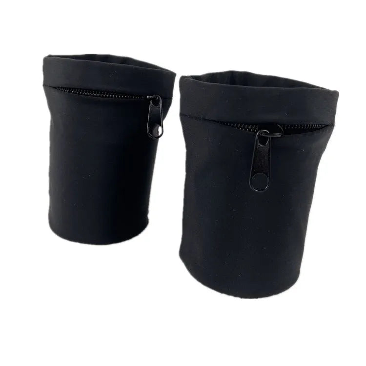 Black waterproof polyester wrist armband sleeve for mobile phone, shown on a forearm.