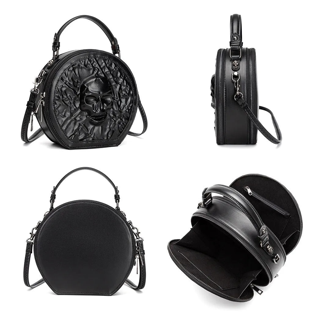 Men's black embossed Halloween messenger bag with a 3D pocket and crossbody strap.