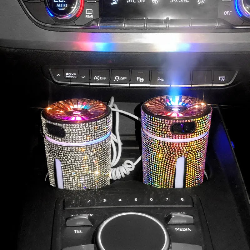 Rhinestone and plastic car humidifier with LED lights, showing colourful mist and USB cable.